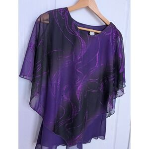C.O.C. Purple Glitter Swirl Sheer Overlay Cape Blouse Top Made in USA Large
